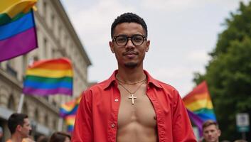 Gay Christian Priest poses amid Pride Parade crowd sporting a golden cross backless underpants glasses and waving pride flag in 4K UltraHigh Resolution photo