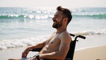 Smiling bearded man sunbathing in a wheelchair on a vibrant sundrenched beach with calm waves and shining sunlight realism warm tones gentle focus portraying serene beach life photo