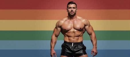 Logo features a muscular gay man in leather shorts against an LGBTQ flag backdrop photo