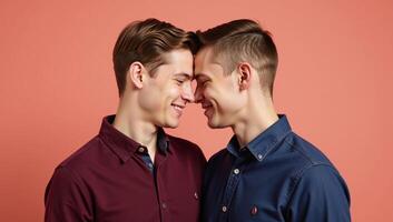 Portrait of 21yearold interracial gay couple Caucasian sharing an intimate moment against a soft pink backdrop photo