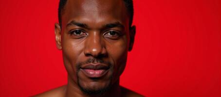 Studio portrait featuring a closeup shot of a shorthaired black man with full lips and glitter makeup against a vibrant red backdrop celebrating LGBTQ culture photo