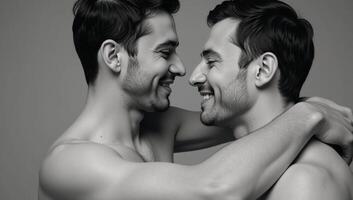 A heartfelt portrait showcases a loving LGBTQ couples embrace within a protective circle photo
