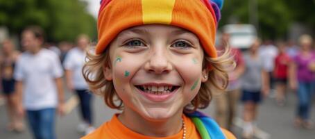 Smiling child in colorful closeup at Gay Pride Parade Joy and Inclusion depicted through rainbow hues on a childs face photo
