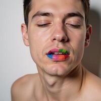 A man sporting vibrant colorful lips depicted in a closeup shot representing either Pride or LGBTQ themes photo