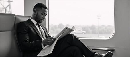 African American man reading newspaper while seated on a train wearing a business suit for work photo