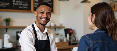 Portrait of a happy attractive black barista serving coffee at a caf counter photo