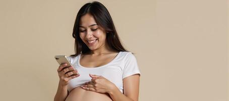 Portrait pregnant woman smiling with smartphone against background photo