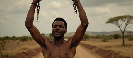 African American slave breaking free from chains symbolizing emancipation photo