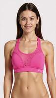A breathable pink sports bra featuring a stylish mesh design for comfort during workouts photo