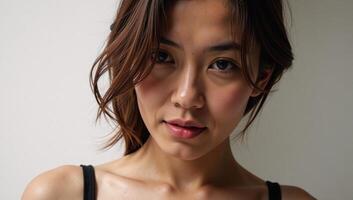 Woman with flowing hair has partially exposed chest while looking away photo