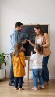 A heartwarming depiction of a gay family excitedly planning their new home on a blackboard Generative photo