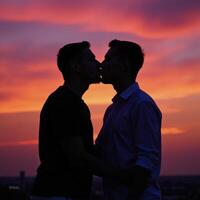 Two gay men share a heartfelt moment under synthwavecolored skies at dusk photo