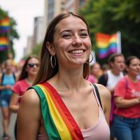 Portrait of smiling woman with rainbow accessories at LGBTQIA Equality March photo