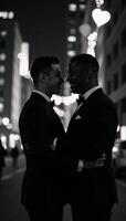 Concept Interracial gay couple celebrating Valentines Day silhouetted embrace between Asian and African American men expressing their love for one another photo