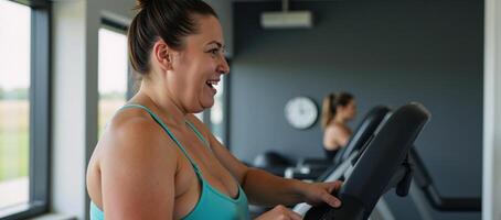 Obese woman exercises at the gym on a treadmill as symbolism for weight loss and a healthier lifestyle photo