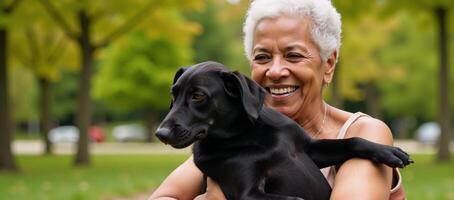 A contented African American widow embraces her pet dog during an outdoor stroll in a city park photo