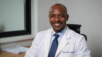 A smiling professional portrait of a middleaged African American doctor in a white lab coat photo