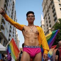 Gay Christian Priest poses amid Pride Parade crowd sporting a golden cross backless underpants glasses and waving pride flag in 4K UltraHigh Resolution photo