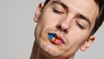 A man sporting vibrant colorful lips depicted in a closeup shot representing either Pride or LGBTQ themes photo