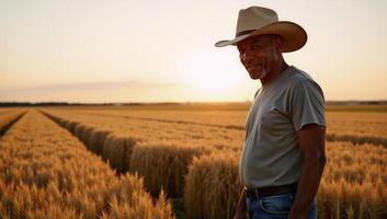African American Farmer working amidst fields during sunset Generative photo