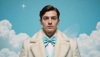 Enchanting skystar backdrop with a dreamy wavy valley featuring a radiant gay furry fairy amidst pastel hues and a soft pinkblue light photo