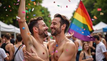 Gay couple celebrates joyously amidst confetti shower and colorful flags at a festive gathering photo