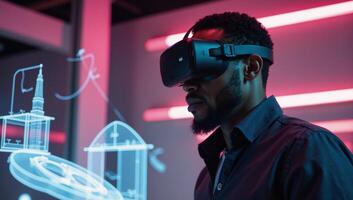 Futuristic design with an AfricanAmerican architectengineer in a VR headset photo