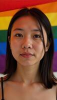 Portrait of tearyeyed Asian queertransgender person hidden beneath a vibrant pride flags stripes photo
