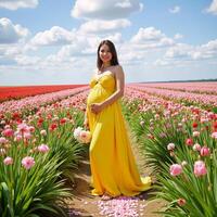 Pregnant woman standing amidst a sunflower field in a yellow gown photo