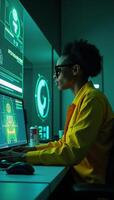 AfricanAmerican engineer in cyber defense room with neon green blue cyberspace threats depicted as floating holograms using an augmented reality interface in a cyberpunk style photo
