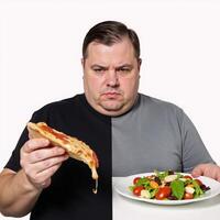 Obese man deliberating between salad pizza split screen In one short sentence I have condensed the prompt to emphasize that the scene involves an obese man contemplating a choice between healthy food photo