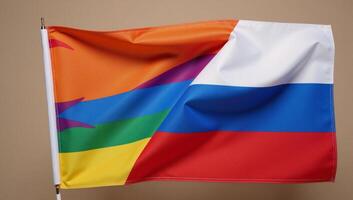 A silky texture rendition of the divided flags the Russian flag diagonally crossed by the rainbow pride flag photo