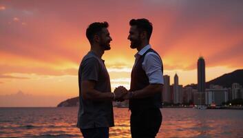 Two happy men embrace in a sunset seaside cityscape depicted only as joyful silhouettes with clasped hands photo