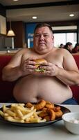 Obese man eating burger in chair Furinspired comical illustration photo