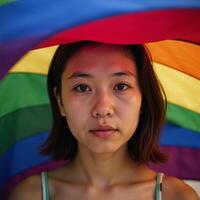 Portrait of tearyeyed Asian queertransgender person hidden beneath a vibrant pride flags stripes photo