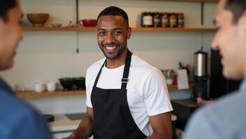 Portrait of a happy attractive black barista serving coffee at a caf counter photo