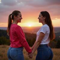 Celebrating Pride Month with a heartwarming depiction of two sisters strolling at sunset hands entwined in an expression of love and friendship exuding joy and happiness against a colorful LGBTQ photo