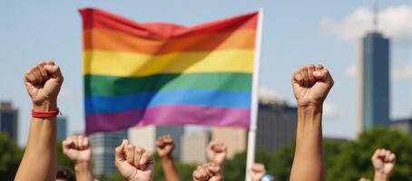 LGBTQ Solidarity Colorful Pride Protest with Rainbowthemed Fists and Diversity Celebration for Homosexual Rights during the Human Diversity Month Fighting for Equality photo