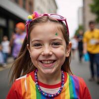 Smiling child in colorful closeup at Gay Pride Parade Joy and Inclusion depicted through rainbow hues on a childs face photo