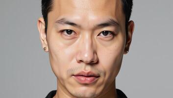 Closeup portrait of an Asian transgender man with red lipstick and earrings photo