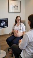Pregnant woman meets with physician for consultation at comfortable clinic to discuss prenatal care and support photo