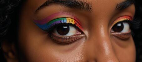 Black Woman Eye adorned with Rainbow Pride Symbol Technology photo