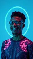 A stylish cyberinspired portrait of a young African American man wearing glasses against a blue backdrop embodying a sense of technological prowess and the future photo