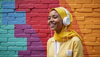 Black Muslim Gen Z girl enjoying music donning a colorful outfit and vibrant hijab set against a lively brick backdrop photo