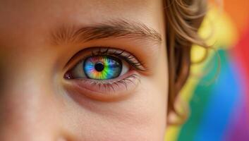 Rainbow childs eye closeup representing LGBTQ pride and a hopeful vibrant future photo