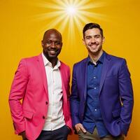 Vibrantcolored portrait featuring a standing gay couple photo
