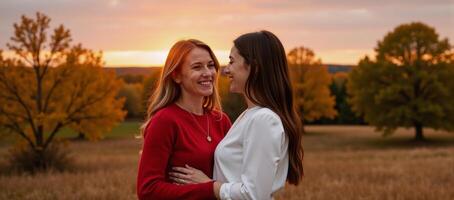 Mixed lesbian couple embracing tenderly during an autumn sunset romance in nature Stock Image photo