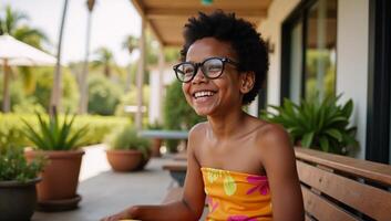 A young AfricanAmerican woman donning an ochre strapless dress and large glasses smiles as she listens during a colorful vibrant 70sinspired vacation scene with big hair and a pophippie aesthetic photo