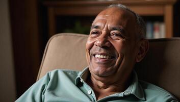 Dignified AfricanAmerican elder finds comfort at home wise expression reflects lifetimes of knowledge photo