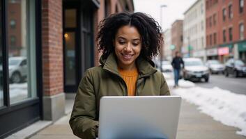 An African American woman sits outside with her laptop during the day capturing a cinematic moment as she works against a backdrop of urban landscapes using a shallow depthoffield technique and photo